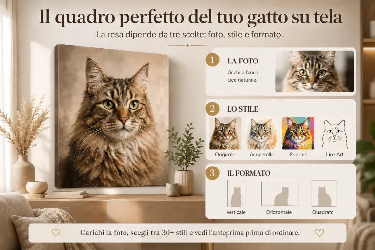 Foto del gatto su tela: come scegliere stile e formato (senza sbagliare)